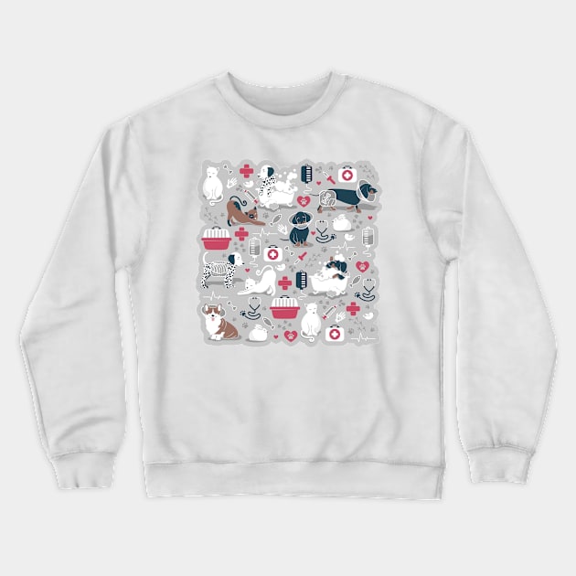 Veterinary medicine, happy and healthy friends // grey background red details navy blue white and brown cats dogs and other animals Crewneck Sweatshirt by SelmaCardoso